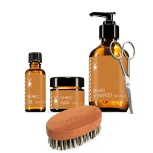 M HLE Beard Care Bundle - 5-piece set with shampoo care oil wax beard brush and ergonomic stainless steel scissors - BUNDLE