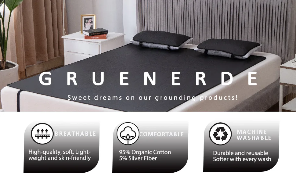GRUENERDE 5-pack earthing bed mats bed set 140x180 cm with elastic straps earthing bed sheet antistatic mat for better sleep - grounding mat