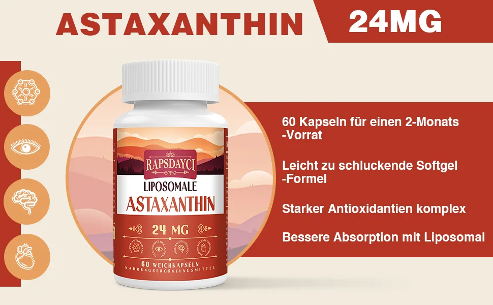 Liposomal astaxanthin soft capsules 24mg per portion strong antioxidant formula as Vit C excellent absorption (360 pieces (6-pack)) - Liposomales Astaxanthin