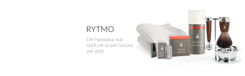 M HLE Rytmo shaving set 8 pcs. - brush razor and stand chrome-plated base blade soap cloth after shave - fine ash - BANNER
