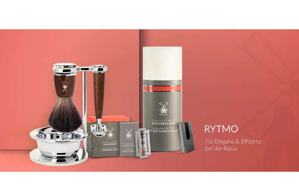 M HLE Rytmo shaving set 8 pcs. - brush razor and stand chrome-plated base blade soap cloth after shave - fine ash - HEADER