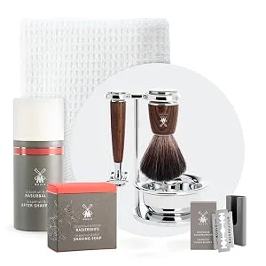 M HLE Rytmo shaving set 8 pcs. - brush razor and stand chrome-plated base blade soap cloth after shave - fine ash - RYTMO Bundle