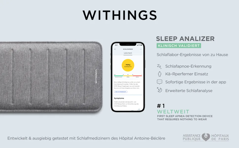 Withings Sleep Analyzer - Clinically validated sleeping tracker for under the mattress with sleep apnea detection and sleep phase analysis gray 1 piece (1 Pack) Product - Sleep analyzer