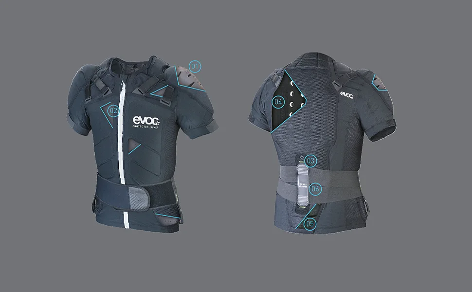 EVOC Protector Jacket Pro protector jacket Protection clothing for action sports (sizes: S M L XL breathable -active smell -resistant liteshield plus back protector comprehensive upholstery) black protector jacket s - Material Foto Backpack