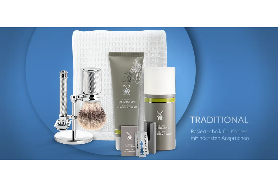 M HLE Traditional shaving set 8 pcs. - brush razor and metal stand chrome-plated blade cream cloth after shave - Header