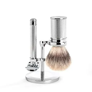 M HLE Traditional shaving set 8 pcs. - brush razor and metal stand chrome-plated blade cream cloth after shave - TRADITIONAL