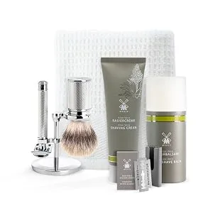 M HLE Traditional shaving set 8 pcs. - brush razor and metal stand chrome-plated blade cream cloth after shave - TRADITIONAL Bundle