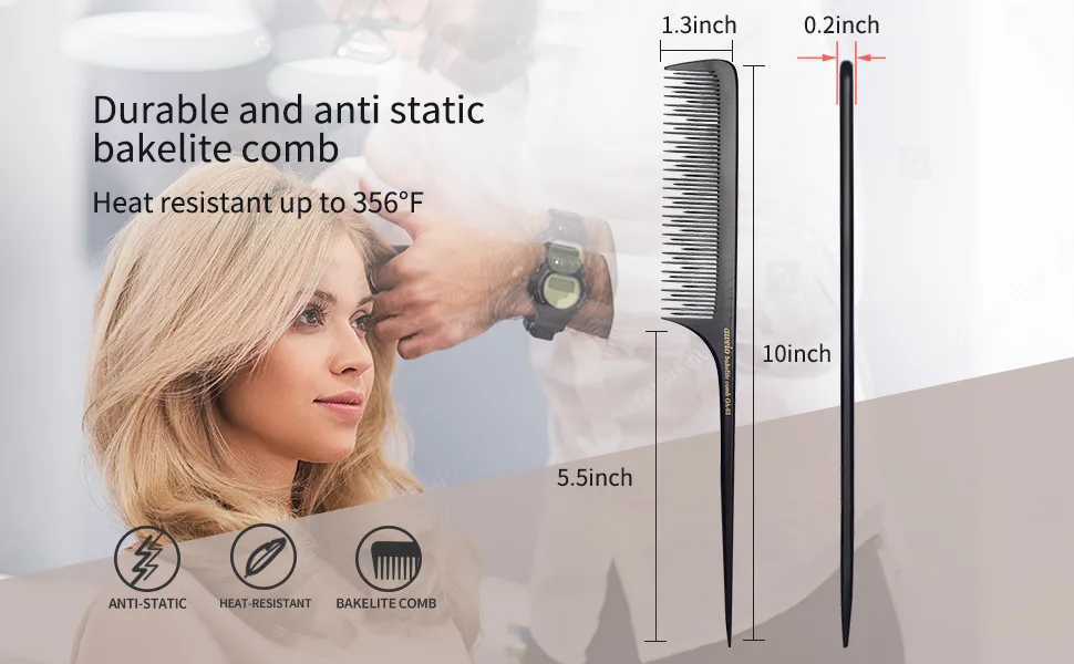 Teasing Comb for Fine Hair, Anti-static Bakelite Rat Tail Comb Tool for Back Combing, Root Teasing, Adding Volume - hair comb teasing
