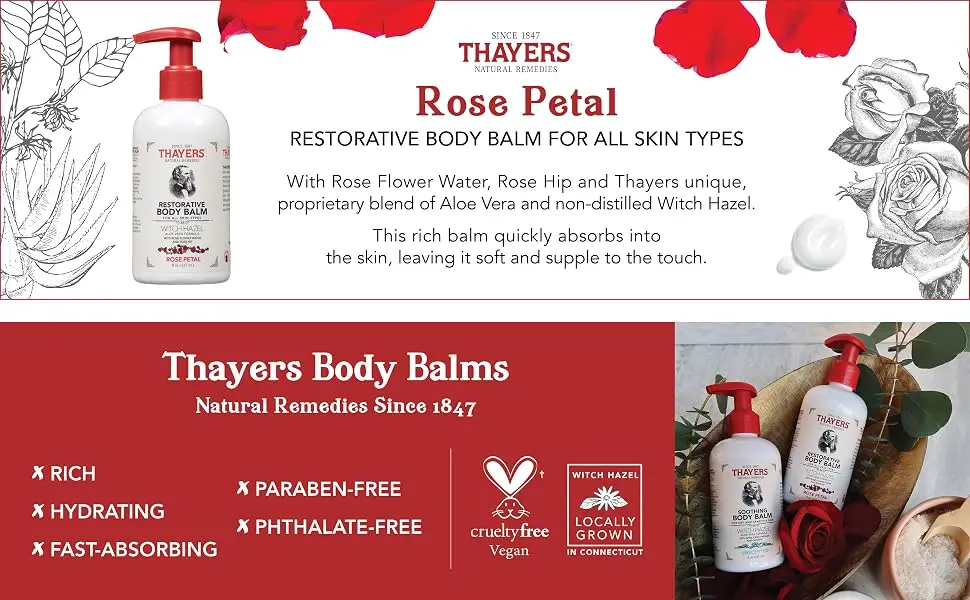 THAYERS Rose Petal Restorative Body Balm, Moisturizing Body Lotion, 8 Oz - Thayers