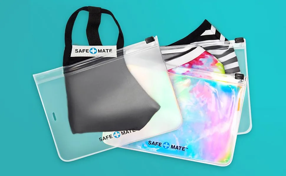 Safe+Mate - Face Mask Storage Bags - (3) Reusable - Carrying Pouch - Fits Most Cloth Face Masks - 3 Pack - 2 Frosted/1 Holographic - mask pouch
