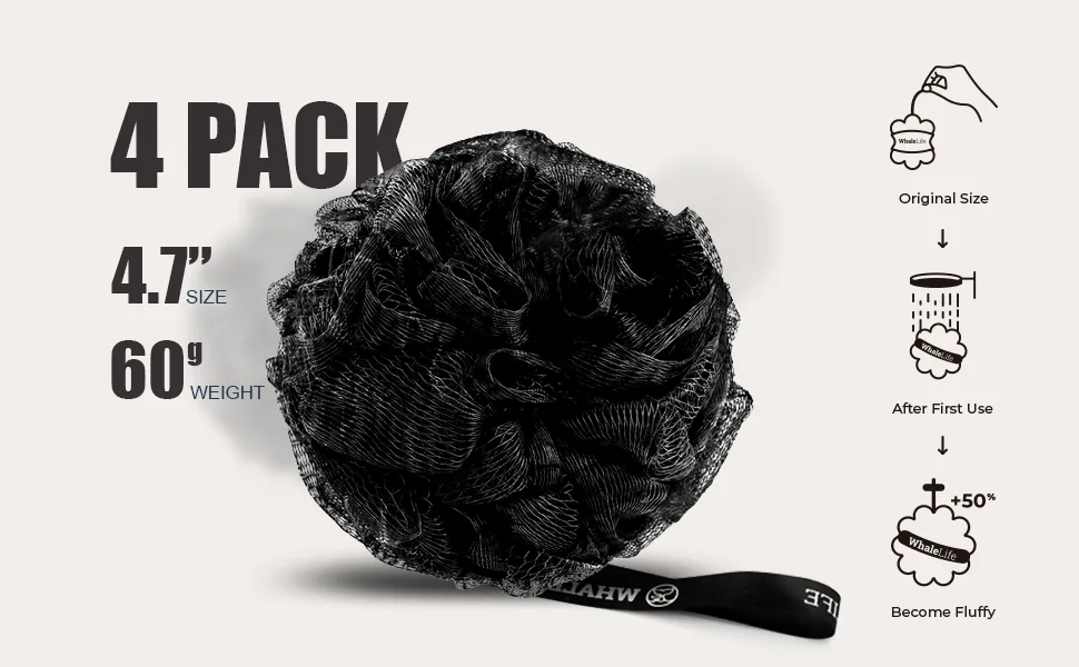 Bath Loofah Sponge for Shower Exfoliating Bath poufs Loofahs for Men Women 4 Pack (Black) Black 4.0 - shower pouf