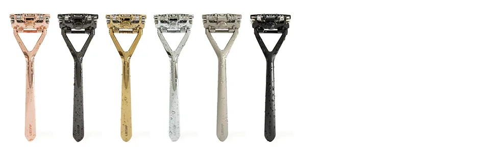 The Leaf Razor (Silver) - 6 Leaf Razors in each finish lined up next to eachother.