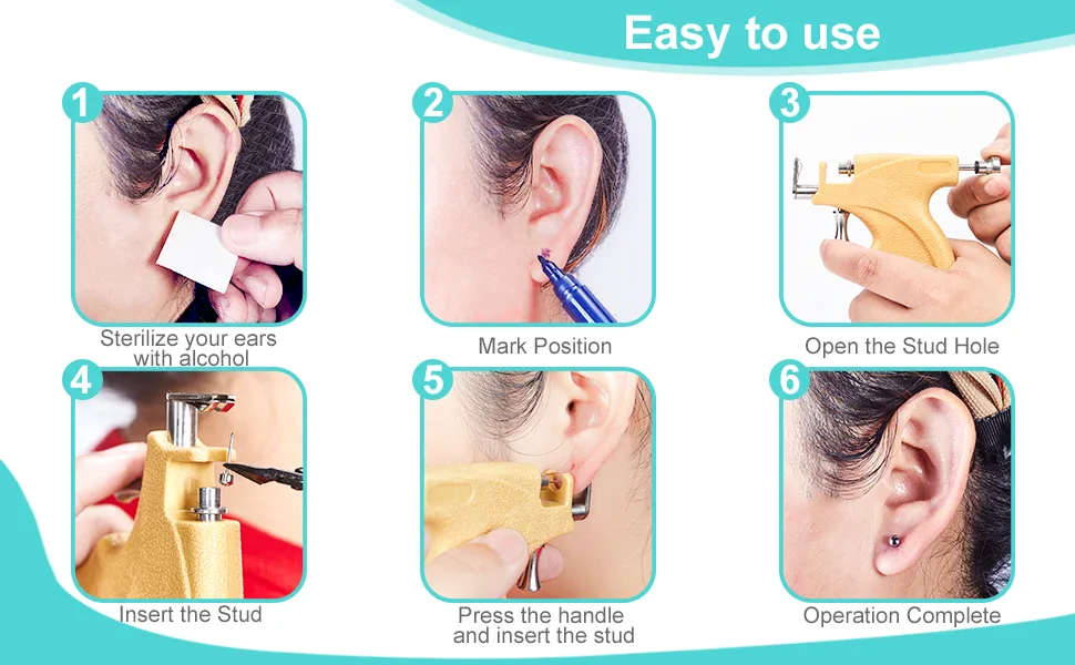 Ear Piercing Gun Kit Reusable Stainless Steel Ear Percinging Tool Set Professional Body Nose Earrings Piercing Machine With Hypoallergenic Surgical Studs Silver Sticks… Yellow - How to use