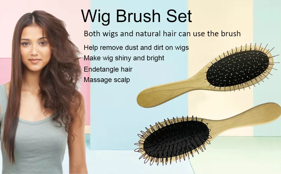 Wig Brush for Synthetic Wigs, Detangling Wigs Professional Wood Handle Hair Comb Wig Brush Set,WB-1 Middle - wig comb