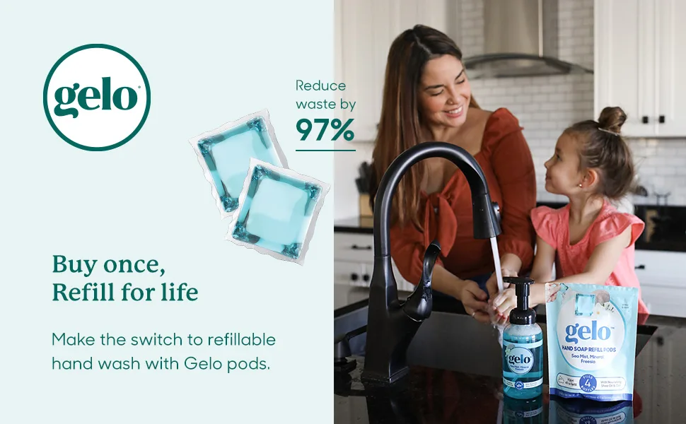 Gelo® Foaming Hand Soap Value Pack | 80oz Refill + Reusable Bottle (Lemon, Basil & Geranium) - Buy once, Refill for Life. Make the switch to refillable hand wash with Gelo Pods