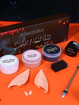 BOBISUKA Special Effects SFX Halloween Makeup Kit Black White Face Body Paint + Scar Wax with Spatula Tool + Fake Blood + Elf Ears + Vampire Teeth + Stipple Sponges Cosplay Dress Up Face Painting Sets 01 - Black white scar wax set