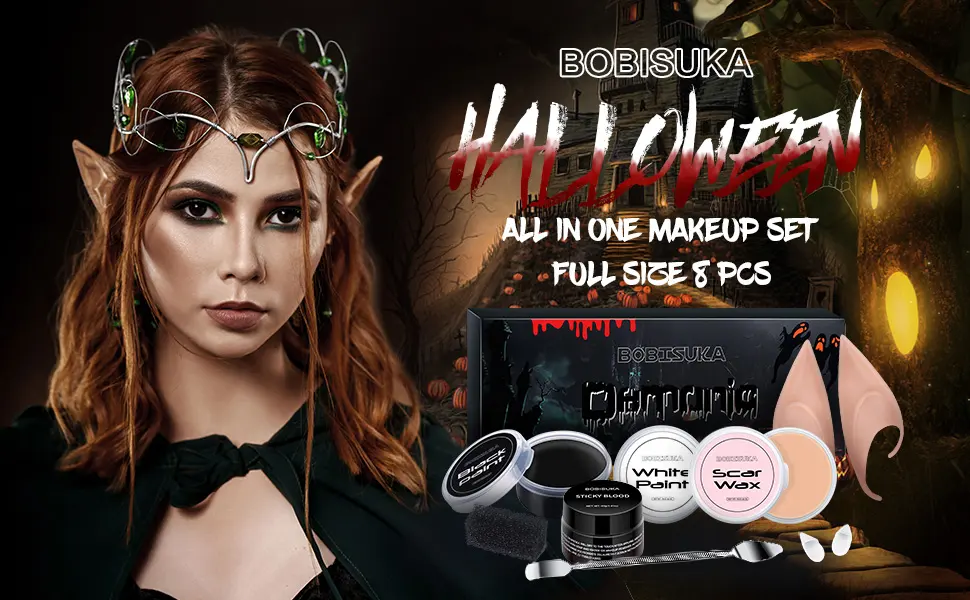 BOBISUKA Special Effects SFX Halloween Makeup Kit Black White Face Body Paint + Scar Wax with Spatula Tool + Fake Blood + Elf Ears + Vampire Teeth + Stipple Sponges Cosplay Dress Up Face Painting Sets 01 - BOBISUKA All in one makeup sets