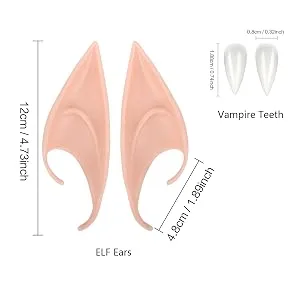 BOBISUKA Special Effects SFX Halloween Makeup Kit Black White Face Body Paint + Scar Wax with Spatula Tool + Fake Blood + Elf Ears + Vampire Teeth + Stipple Sponges Cosplay Dress Up Face Painting Sets 01 - Elf ears and vampire teeth