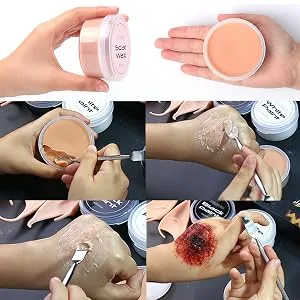 BOBISUKA Special Effects SFX Halloween Makeup Kit Black White Face Body Paint + Scar Wax with Spatula Tool + Fake Blood + Elf Ears + Vampire Teeth + Stipple Sponges Cosplay Dress Up Face Painting Sets 01 - Scar Wax