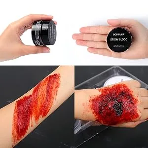 BOBISUKA Special Effects SFX Halloween Makeup Kit Black White Face Body Paint + Scar Wax with Spatula Tool + Fake Blood + Elf Ears + Vampire Teeth + Stipple Sponges Cosplay Dress Up Face Painting Sets 01 - sticky blood