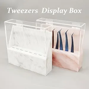 Dust-proof Eyelash Tweezers Holder with Cover, Acrylic MarbleTweezer Organizer for Lash Cart (White) - tweezeers display case
