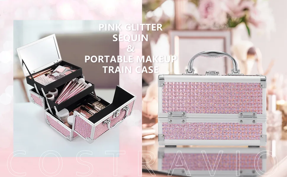 Costravio Portable Makeup Case, Small Cosmetic Organizer Box with 2 Trays for Travel, Lockable Makeup Box with Handle and Mirror for Lady Girl - Pink - product information 1