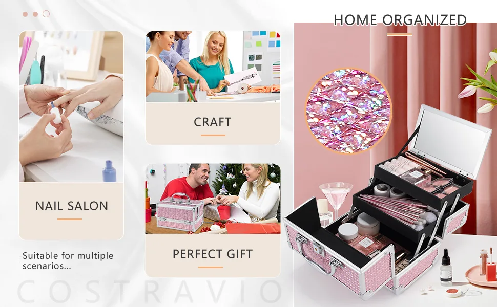Costravio Portable Makeup Case, Small Cosmetic Organizer Box with 2 Trays for Travel, Lockable Makeup Box with Handle and Mirror for Lady Girl - Pink - product information 2