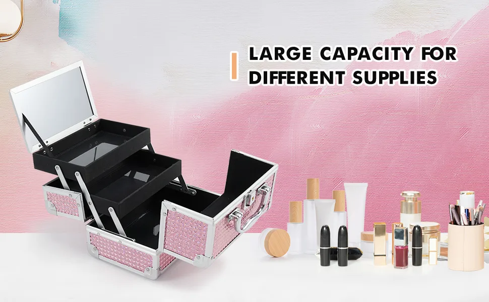 Costravio Portable Makeup Case, Small Cosmetic Organizer Box with 2 Trays for Travel, Lockable Makeup Box with Handle and Mirror for Lady Girl - Pink - large capacity makeup case