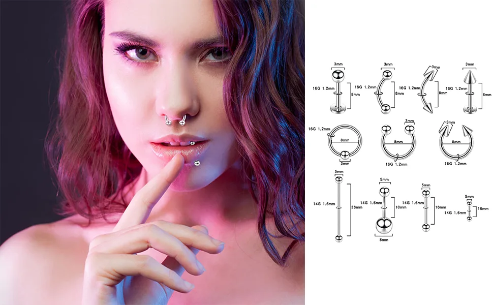 64pcs Piercing Kit Belly Button Piercing Kit Septum Piercing Kit Belly Piercing Kit Piercing Kits for all piercings (64PCS Stainless Steel) - nose piercing kit