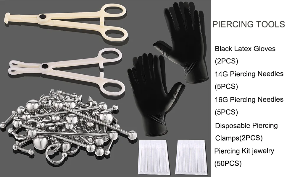 64pcs Piercing Kit Belly Button Piercing Kit Septum Piercing Kit Belly Piercing Kit Piercing Kits for all piercings (64PCS Stainless Steel) - Piercing Kit