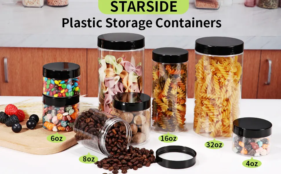 48 Pack 120ml 4 oz Empty Clear Plastic Jars with Black Lids, Refillable Round Containers for Slime,Beauty Products, powder, Cream, Scrubs, Cookie,Dried Fruit. Include 1 Pen and 120 Labels. 4oz- 48 Pack - plastic jars
