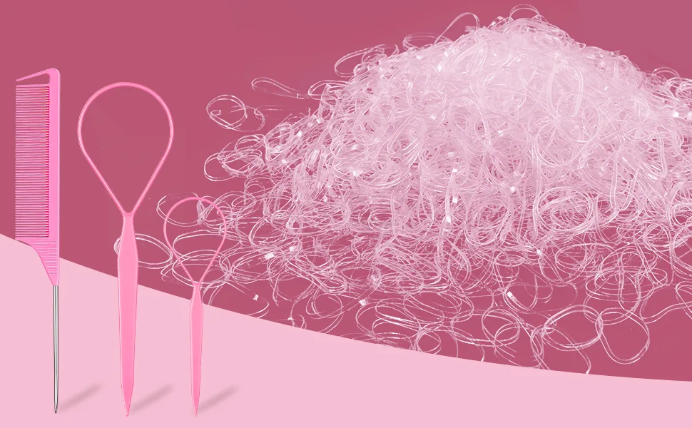 TsMADDTs 1000pcs Clear Small Rubber Elastics with Hair Loop Styling Tool Set,1000pcs Rubber Hair Ties 2Pcs French Braid Tool Loop 1Pcs Rat Tail Combs for Braiding Styling,Pink A-Clear - product information 2