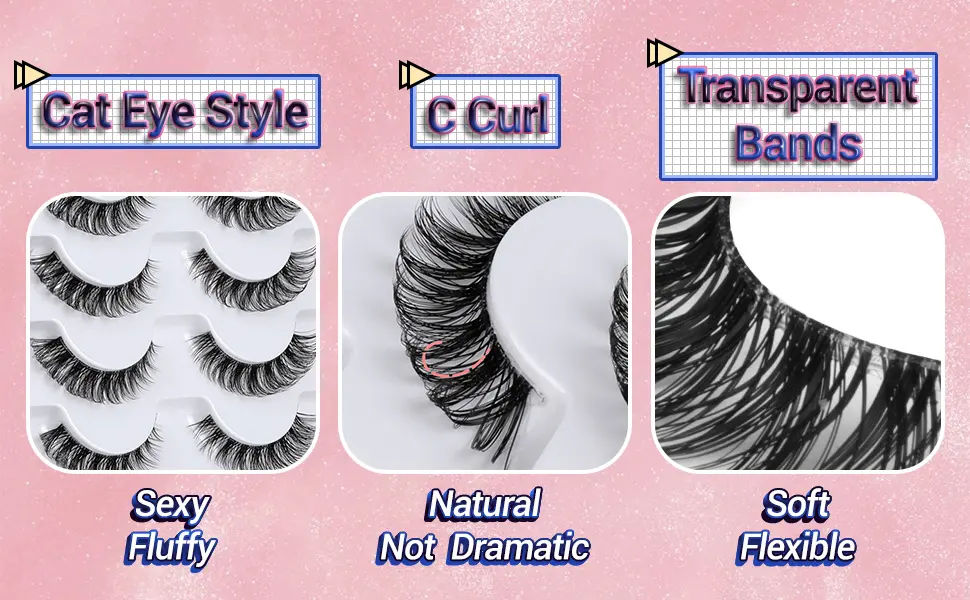 False Eyelashes Wispy Natural C Curl Strip Lashes Transparent Lash Bands Fluffy Cat Eye Lashes 7 Pairs by Yawamica Cat Eye-C Curl - Cat Eye Style