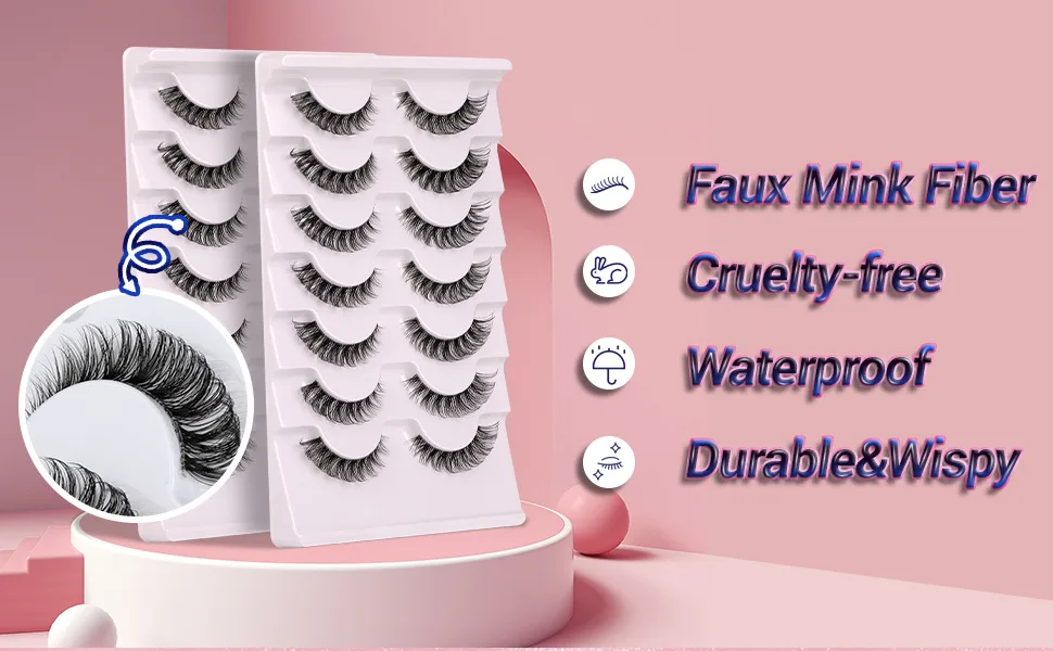 False Eyelashes Wispy Natural C Curl Strip Lashes Transparent Lash Bands Fluffy Cat Eye Lashes 7 Pairs by Yawamica Cat Eye-C Curl - Faux Mink Lashes