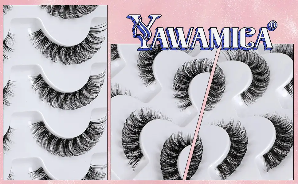False Eyelashes Wispy Natural C Curl Strip Lashes Transparent Lash Bands Fluffy Cat Eye Lashes 7 Pairs by Yawamica Cat Eye-C Curl - Fluffy Lashes