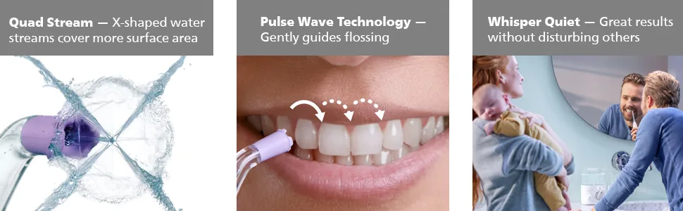 Philips Sonicare Power Flosser 3000, White, HX3711/20 - nozzle in use; person using nozzle; man using flosser in bathroom next to child and woman