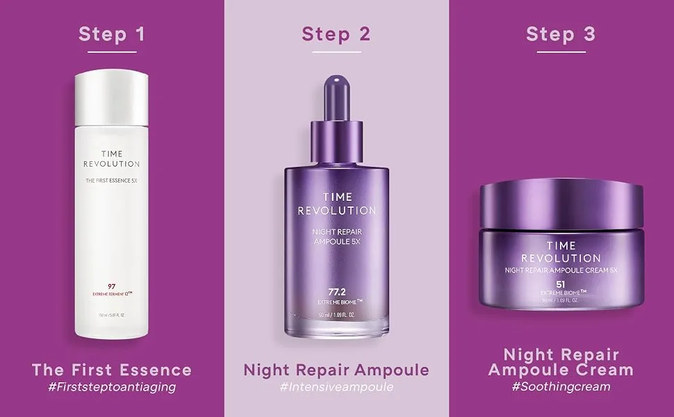 MISSHA Time Revolution Night Repair Ampoule (5th Gen) - Steps for using Time Revolution The First Essence, Night Repair Ampoule, and Night Repair cream.