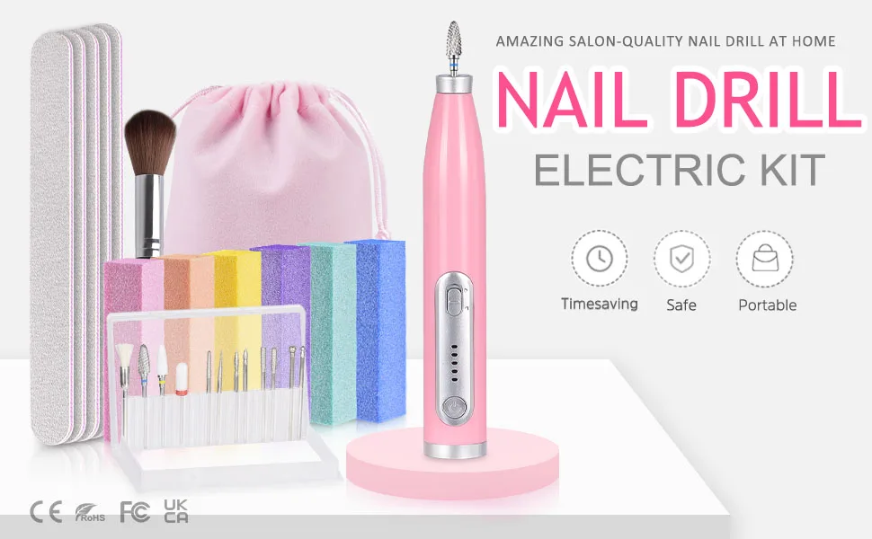 Electric Nail Drill, IKOCO Cordless Nail Drill Electric Nail File Compact Manicure Drill Set for Gel Cuticle Nails Pink - electric nail drill set