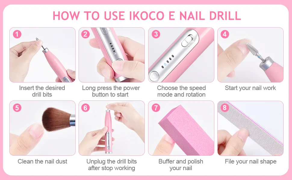 Electric Nail Drill, IKOCO Cordless Nail Drill Electric Nail File Compact Manicure Drill Set for Gel Cuticle Nails Pink - how to use electric nail drill