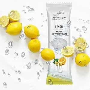 FabbPro Oshibori Moist Terry Cotton Refreshment Towels (25 Pack, 8 x 8 Inches) - White Scented Pre-moistened Towel to Use Hot or Cold (Lemon) - lemon