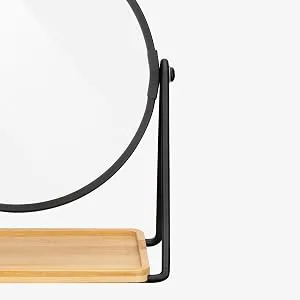 Navaris Vanity Mirror with Tray - Double-Sided Table Top Makeup Mirror with 1x/2x Magnification and Bamboo Base - For Bathroom, Bedroom, Desk - Gold - makeup mirror with tray