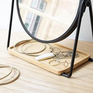 Navaris Vanity Mirror with Tray - Double-Sided Table Top Makeup Mirror with 1x/2x Magnification and Bamboo Base - For Bathroom, Bedroom, Desk - Gold - mirror with jewelry tray
