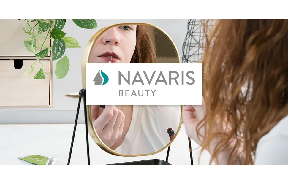 Navaris Vanity Mirror with Tray - Double-Sided Table Top Makeup Mirror with 1x/2x Magnification and Bamboo Base - For Bathroom, Bedroom, Desk - Gold - Navaris