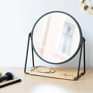 Navaris Vanity Mirror with Tray - Double-Sided Table Top Makeup Mirror with 1x/2x Magnification and Bamboo Base - For Bathroom, Bedroom, Desk - Gold - round vanity mirror