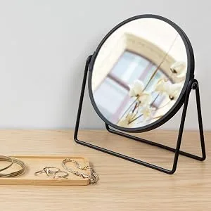 Navaris Vanity Mirror with Tray - Double-Sided Table Top Makeup Mirror with 1x/2x Magnification and Bamboo Base - For Bathroom, Bedroom, Desk - Gold - table top mirror with bamboo tray