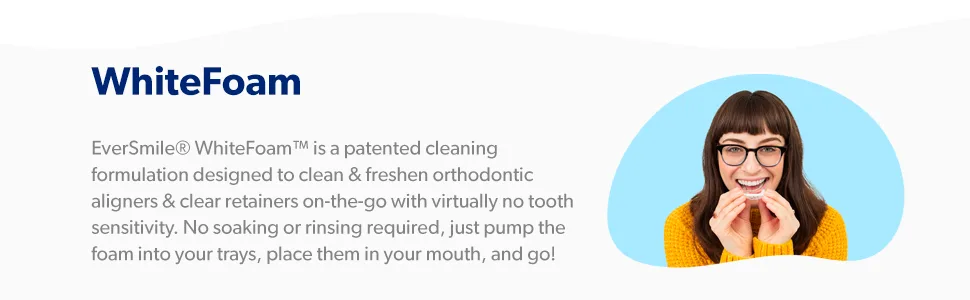 WhiteFoam On-The-Go Clear Retainer Cleaner for Invisalign, Dentures, ClearCorrect, Essix, Vivera & Hawley Trays/Aligners. Cleans, Kills Bacteria & Whitens Teeth (50ml - Compact Packaging) - WhiteFoam bubble