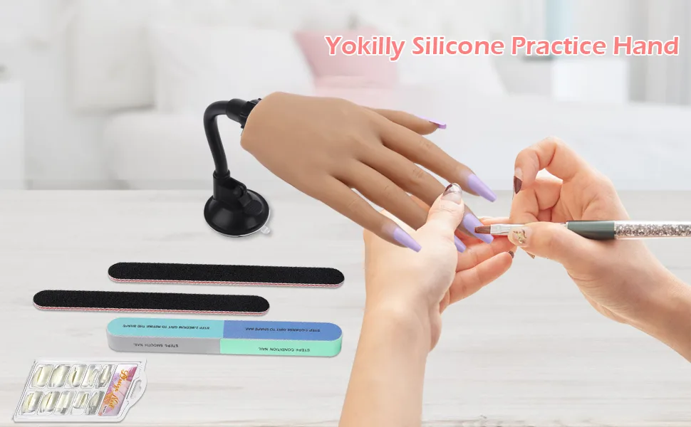 Silicone Practice Hand for Acrylic Nails, Mannequin Hands for Nails Practice with Bracket, Life Size Fake Hand for DIY Nails with 100pcs Nail Tips, 3pcs Nail Files - Silicone Practice Hand for Acrylic Nails
