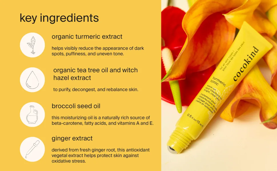 Cocokind Turmeric Tonic, Blemish Treatment and Dark Spot Corrector with Tea Tree Oil & Witch Hazel Extract - key ingredients