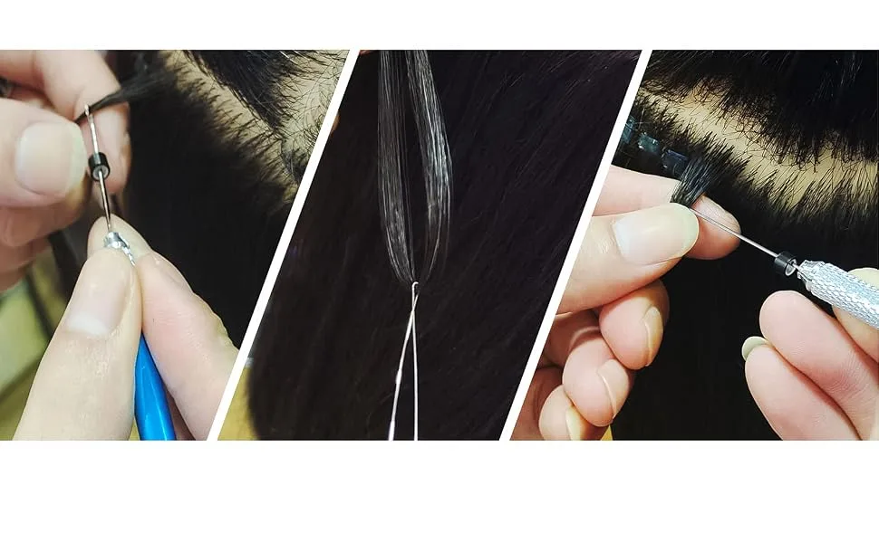 Hair Extension Loop Needle Threader Pulling Hook Needle Bead Device Tool 8PCS, for Silicone Microlink Rings Beads to Tinsel, Feather or Human Hair Extensions blue - Installation guide