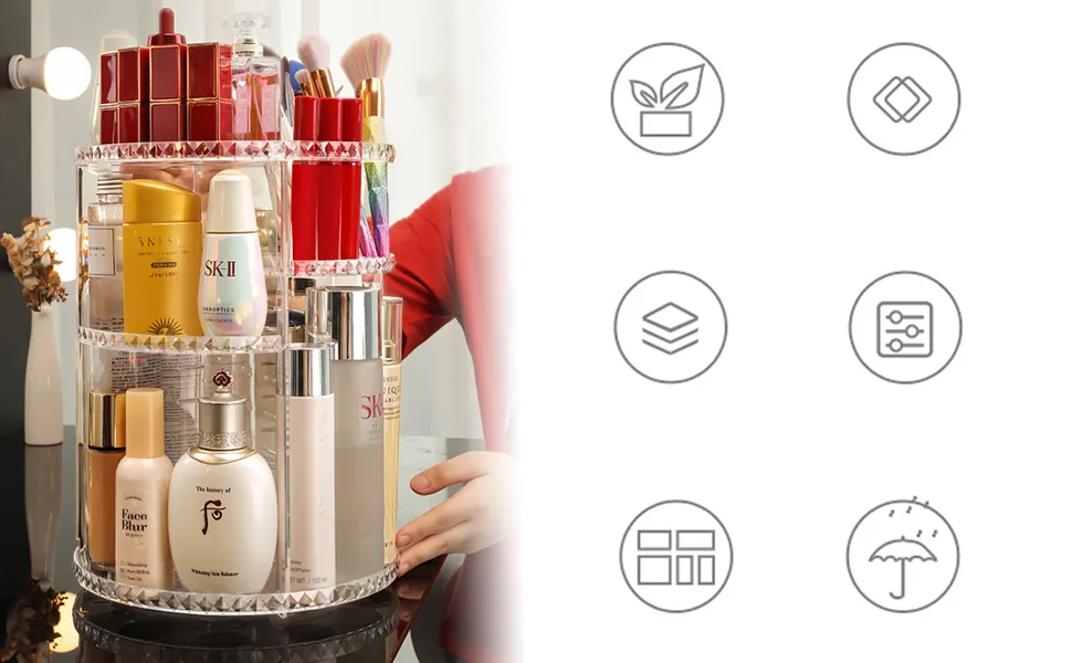 Moonlinks 360° Rotating Makeup Organizer Adjustable Acrylic Makeup Organizers and Storage Large Capacity Cosmetics Organizer Bathroom Counter Organizer Clear Makeup Holder Makeup Box Dresser Organizer - product information 1